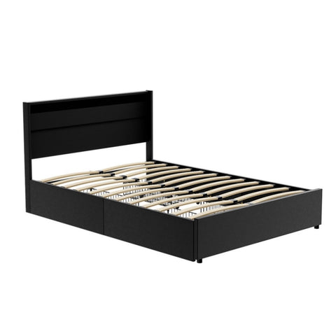 Artiss Bed Frame Double Size LED with 4 Drawers Black DUNN BFRAME-H-DUNN-D-BK-ABC