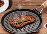 SOGA 24cm Round Ribbed Cast Iron Steak Frying Grill Skillet Pan with Folding Wooden Handle ZPAI026