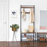 Rustic Brown Coat Rack Stand with Hallway Shoe Rack and Bench with Shelves Matte Metal Frame Height V178-11079