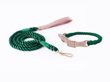 Dark Green Hand-Woven Rainbow Cotton Rope Dog Leash and Collar Set - Adjustable Veg-Tanned Leather V888-ELOSUNG18446