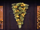 Christabelle 90cm Gold Christmas Teardrop Wreath Pre Lit Warm White LED Timer Baubles Berries F 112_SENG90T