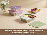 4 Pcs Colorful Stainless Steel Food Storage Containers Set with Lids, 400ml to 1400ml Square Meal V1188-MS-924-009