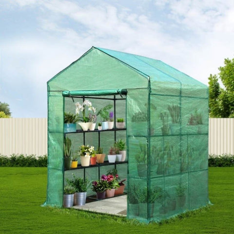 Green Fingers Greenhouse 1.4x1.55x2M Walk in Green House Tunnel Plant Garden Shed 8 Shelves GH-WALK-14X15-GR