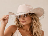 Western Cowboy Hat with Rhinestone Tassel Fringe - Beige Felt-Style Party Hat with Decorative Chain V888-ELOSUNG57118-3