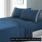 soft microfibre embroidered stripe sheet set queen sailor blue pillowcase white stripe V517-EBMF1000-Q-SB