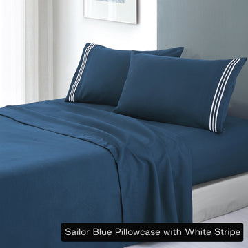 soft microfibre embroidered stripe sheet set queen sailor blue pillowcase white stripe V517-EBMF1000-Q-SB