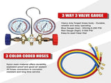 Air Conditioning Pressure Gauge with Hose and Hook 3 Way AC Diagnostic Manifold Gauge for Freon for V1192-AZ-W-20838