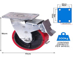 4x 5 inch Industrial 2000KG Swivel Brake Locking Caster Castor Wheels Casters 2x swivel 2x fixed V324-4X-5IN-RD-WHEEL