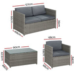 Gardeon 4-Piece Outdoor Sofa Set Wicker Couch Lounge Setting Grey ODF-SOFA-4PCS-HJ-GE-AB