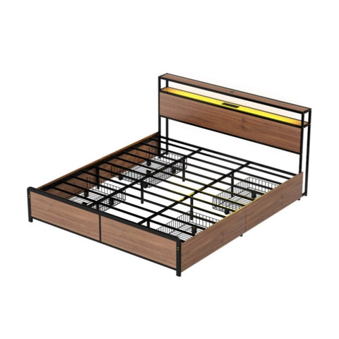 Artiss Metal Bed Frame King Size with 2-Tier Storage Headboard Metal Platform with 4 Storage Drawers MBED-C-SKY-K-BK-ABC