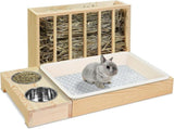 Wooden Rabbit Hay Feeder with 3-in-1 Litter Box and Bowls, Small Animal Rack for Guinea Pigs, V1338-MN-AUZ-TZW0043A