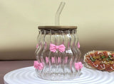 Cute Big Belly Glass Tumbler With Wooden Lid And Reusable Straw Bow Decor Ribbed Household Drinking V1369-AZ3-W-14899
