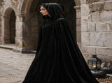 Black Velvet Cape Hooded Cape Cosplay Cape Halloween Costume Cape Party Cape - Black - Size S V1403-130-75065-BLK-S