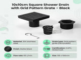 10x10cm Square Shower Drain with Grid Pattern Grate Matte Black 304SS, CUPC Certified with Hair V63-955571