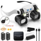 Black binocular magnifying glasses, LED lights, hands-free magnifier, adjustable magnification, V1102-108-BLA-86711