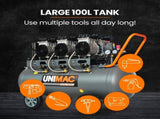 UNIMAC 100L 4.5HP Silent Oil-Free Air Compressor, with Twin Nitto Outlets, 15A Plug V219-TOLACMUM1M0FA