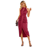 Women's Satin Evening Dress Sleeveless Backless Formal Wedding Guest Gown Wine red XL V1370-AZ4-11777