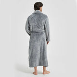 Men's Flannel Bathrobe Grey L Size - Soft Coral Fleece Hooded Kimono Collar Dressing Gown Loose Fit V888-ELOSUNG54488