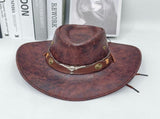 Rustic Western Cowboy Hat - Distressed Faux Leather Look Wide Brim Outback Sun Hat with Bull Head V888-ELOSUNG44328