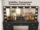 Artiss Dressing Table Charging Station LED Vanity Desk Set Stool Glass Top Make up Mirror Storage FURNI-L-DRESS08-BK-ABC