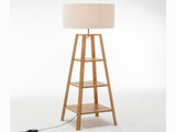 Eiffel 3 Tier Natural Wood Floor Lamp w/ Storage Shelves Off White Linen Shade V563-75173