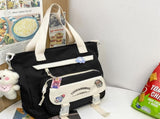 Women's Kawaii Black Shoulder Bag with Cute Bear Plush Charm and 4 Badges Large Capacity Nylon Tote V888-ELOSUNG41082