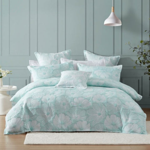 Platinum Collection Poppi Aqua Cotton Polyester Jacquard Quilt Cover Set Super King V442-LED-QUILTCS-POPPI-AQUA-SK