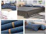 Blue Plaid Pattern Aloe Cotton Flat Sheet Quilt Pillowcases 4pcs Bedding Set Duvet Doona Quilt V462-HG-68-03