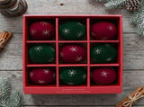 Christmas Ball Ornaments 9 Pcs Red Green Velvet Flocked Xmas Tree Decorations With Gold Snowflake, V1366-AZ2-W-13189