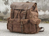 Retro Waxed Canvas Backpack, Crazy Horse Leather Large Capacity, Waterproof Outdoor Travel, V1232-FBSJB-002