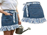 1Pack Denim Floral Half Apron, Adjustable Waist Apron with Ruffle Hem Tie Belt for Cooking, Baking V1192-AZ-W-28185
