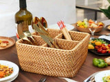 Natural Rattan 4 Compartments Cooking Utensil Silverware Organizer Holder Cosmetics Storage Box V1192-AZ-W-6968