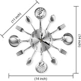 Metal Kitchen Cutlery Wall Clock 14 Inch with Fork Spoon 3D Non Ticking Quartz Watch Clock for V1188-YT-A-2246