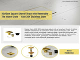 10x10cm Square Shower Drain with Removable Tile Insert Grate Brushed Gold 304SS, CUPC Certified V63-955511