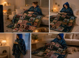 Blue Warm Hooded Poncho Shawl and Animal Pattern Throw Blanket Set for Sofa, Bed and Winter Lounging V888-ELOSUNG54134