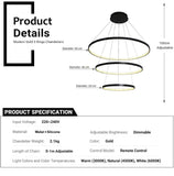 BAMDECOR 18801 Modern LED Chandelier, Dimmable Pendant Light with Remote Control Rings Round Ceiling V255-BAM-18801/3-BLACK
