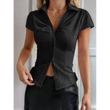 Women'S Y2k Short Sleeve Button Down Shirts Casual V Neck Button Up Top Slim Fit Going Out Blouse V1192-AZ-W-20793
