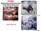 375gsm 1 Ply 3D Print Faux Mink Blanket Queen 200x240 cm Winter Wolf V442-BZO-BLANKET-3753DWINTERWOLF-BLUE-QS