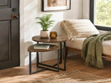 Nesting Side Tables Set of 2, Round End Tables with Rustic Brown Wood Look Top and Black Metal V1338-WAK0060