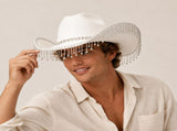 Western Cowboy Hat with Rhinestone Tassel Fringe - White Felt-Style Party Hat with Decorative Chain V888-ELOSUNG57118-1