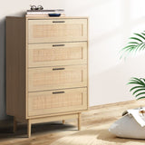 Artiss 4 Chest of Drawers Rattan Tallboy Pine - BRIONY FURNI-E-RAT-CDR-4D-WD-AB