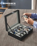 SONGMICS Watch Box for 10 Watches with Glass Lid and Removable Watch Pillows Black Synthetic Leather V227-8498101000084