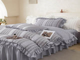 Grey Elegant Ruffle Seersucker Duvet Cover with 2PCS Pillow Shams - 3-Piece Vertical Stripe Clipped V888-ELOSUNG49369