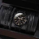 men's bracelet watch set, single calendar watch, fake three eye watch, canvas quartz watch, PU V1347-937-91694-BLK-5