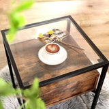 VASAGLE Side Table Tempered Glass End Table with Drawer and Shelf Rustic Brown and Black V227-9101402100317