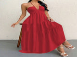 Redt XL Size Women's Elegant Halter Maxi Dress Summer Backless V-Neck Sleeveless Long Beach Resort V888-ELOSUNG41129