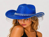 Blue Rhinestone Fringe Cowboy Hat - Sparkling Western Party Hat with Round Gemstone Band and Crystal V888-ELOSUNG57115-5