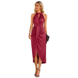 Women's Satin Evening Dress Sleeveless Backless Formal Wedding Guest Gown Wine red XL V1370-AZ4-11777