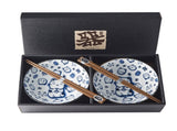Bowl Set 2pcs with Chopsticks Maneki Cat Blue Design V637-RW0001