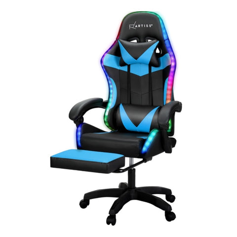 Artiss 6 Point Massage Gaming Office Chair 7 LED Footrest Cyan Blue MOC-GC-6P-LED-BK-CY